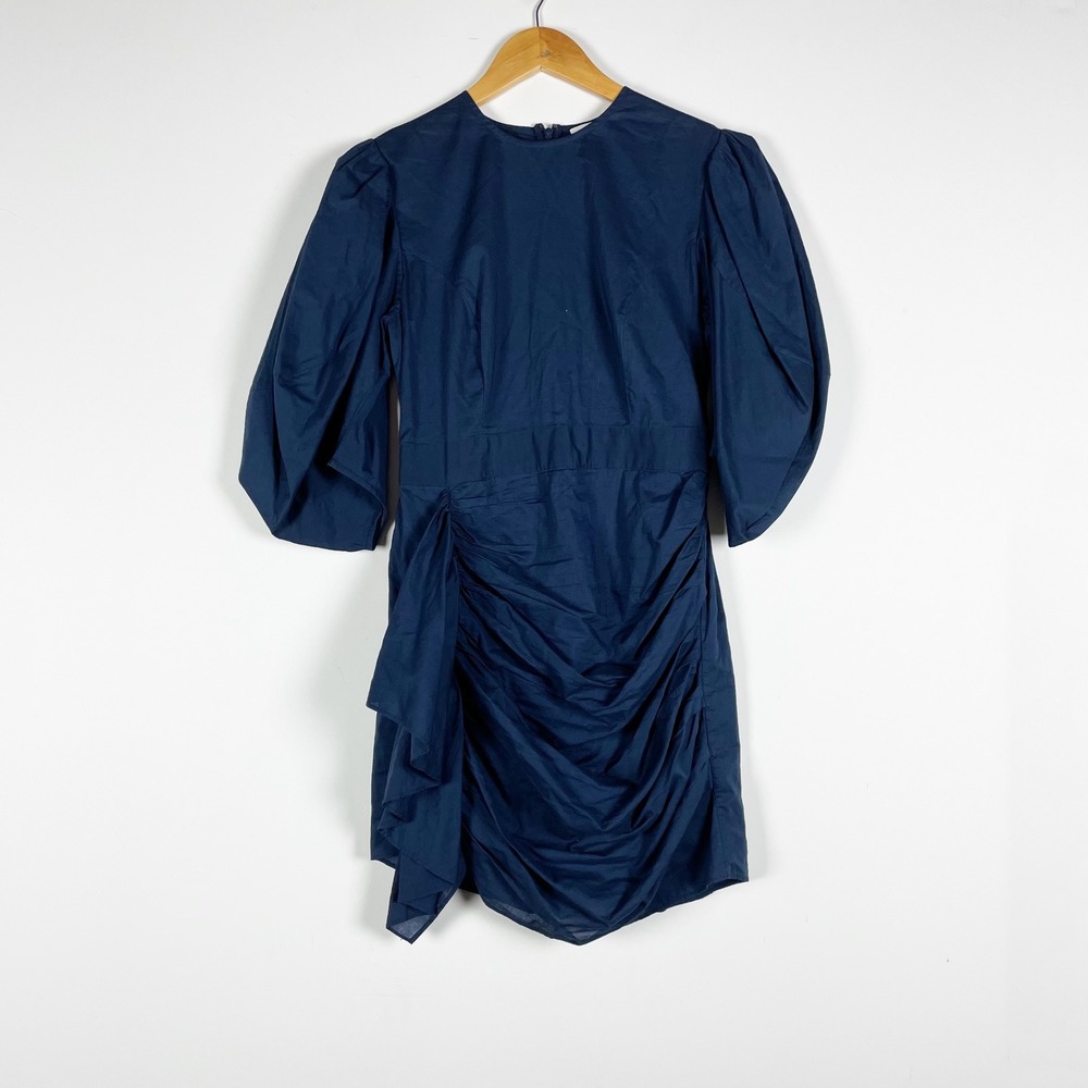 Rhode Pia Cotton Poplin Ruched Draped Puff Sleeve Mini Dress Navy Blue XS